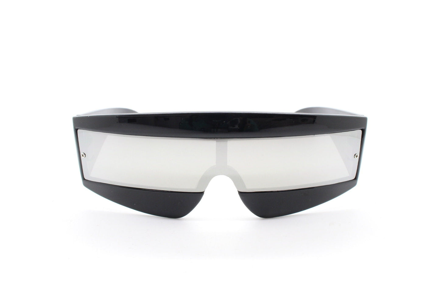 Y2K vintage square visor sunglasses. Black 80s style robot shield design mirror mask mono lens with full height arms. 2000s NOS BNWT