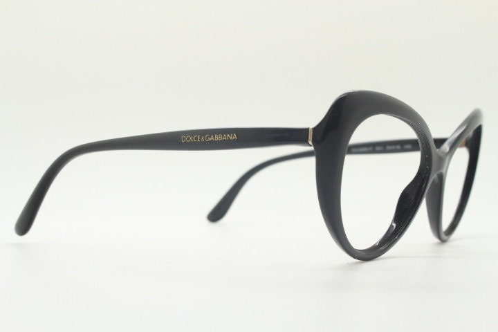 Dolce Gabbana oval cat eye glasses made in Italy. Stylised black gloss acetate optical frames. Womens prescription vintage cateye. RX pin up