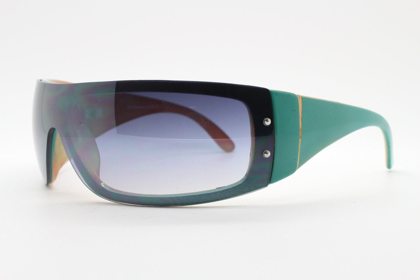Y2K vintage visor sunglasses. Black massive mask mono lens wrap around shield with turquoise arms. Sick fashion grail. 2000s unused NOS