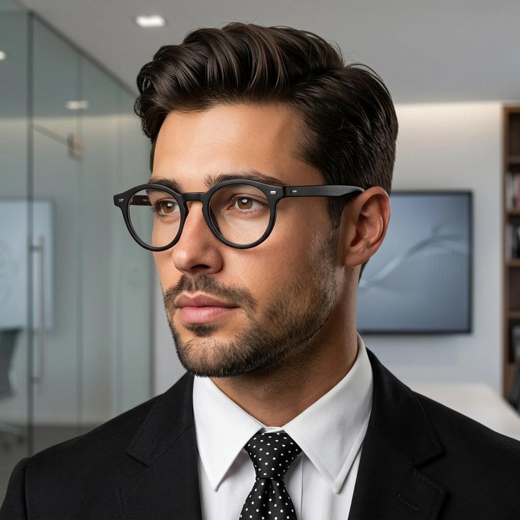 Oliver Smith round eye glasses. Black matt finish optical frames with protruding corners and keyhole bridge. Prescription RX eyeglasses