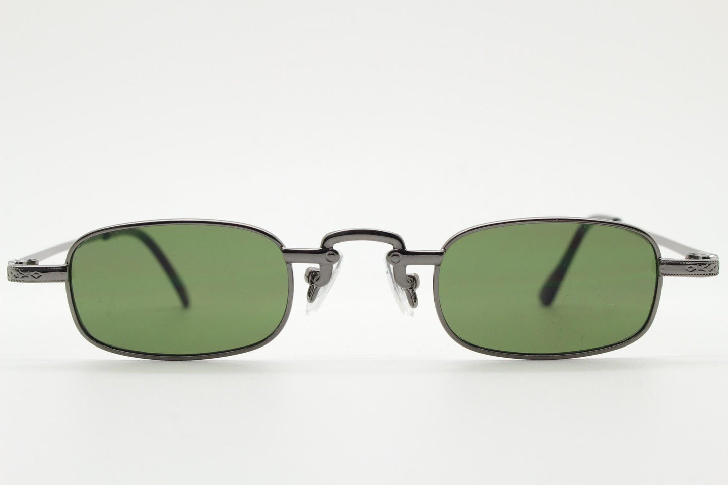 90s vintage small rectangular sunglasses. Imposing minimal gunmetal grey victorian style frame with green lenses. Steampunk. Unused NOS