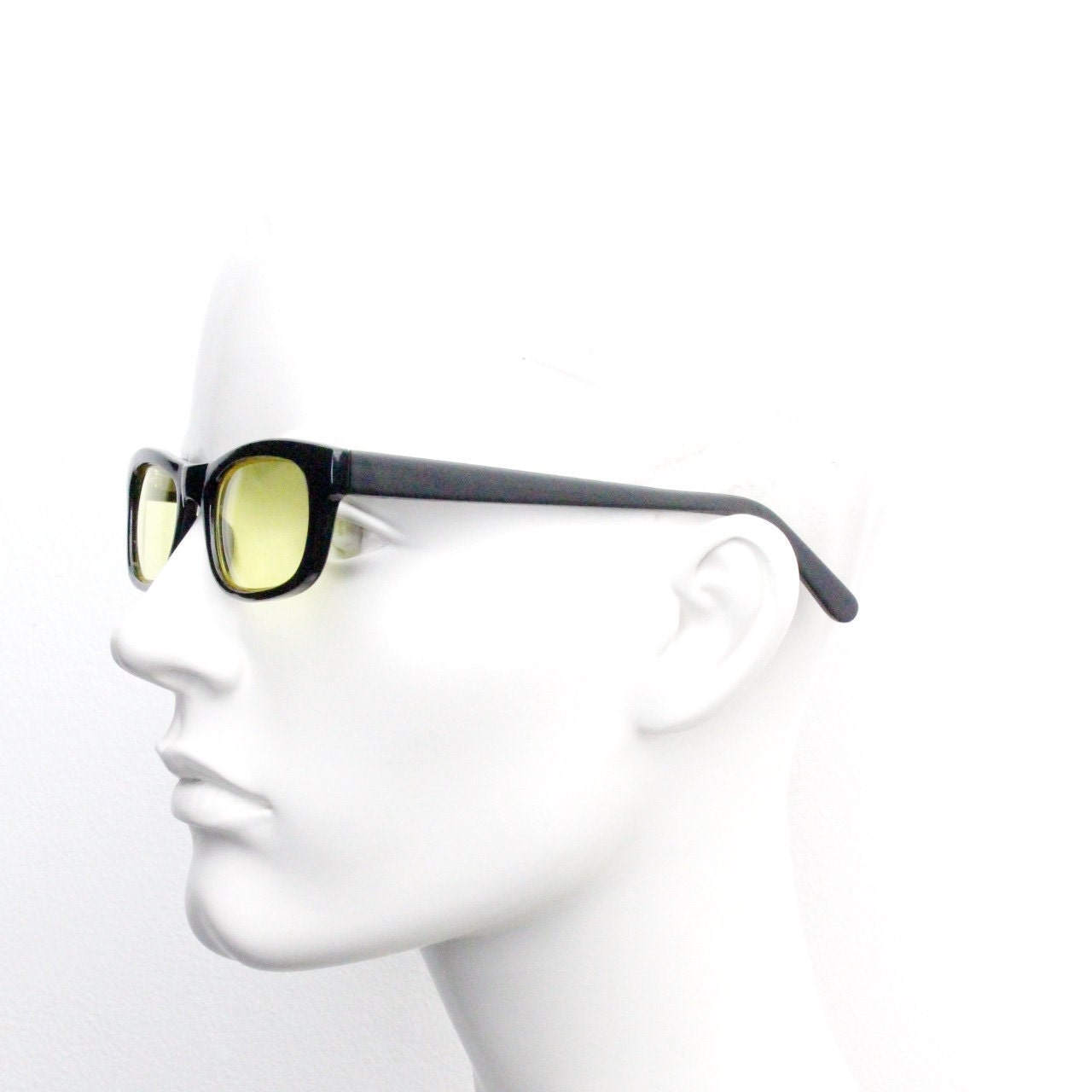 80s vintage rectangular sunglasses. Low profile slim black frame with psychedelic mod light tone canary yellow lenses. BNWT. NOS
