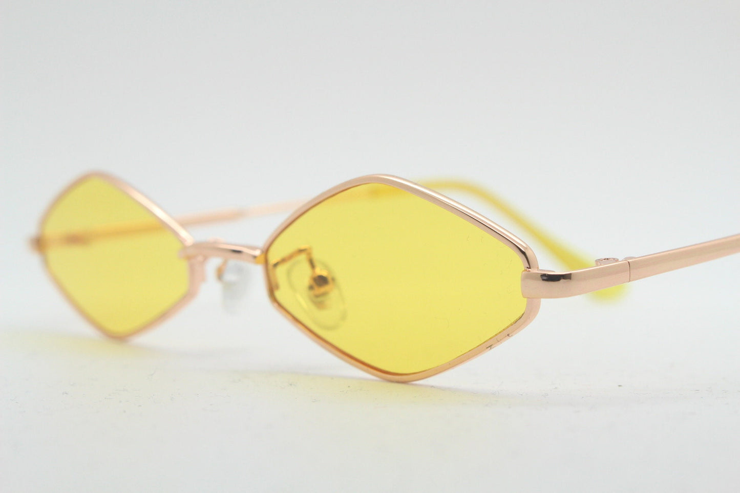 90s vintage small diamond sunglasses. Minimal gold psychedelic mod style frame with bright yellow lenses. Unused BNWT