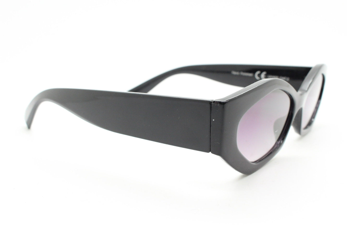 Vintage 90s low profile hexagon sunglasses. Jet black sharp angled 6 sided frame with full height arms and smoky lenses. Unused BNWT