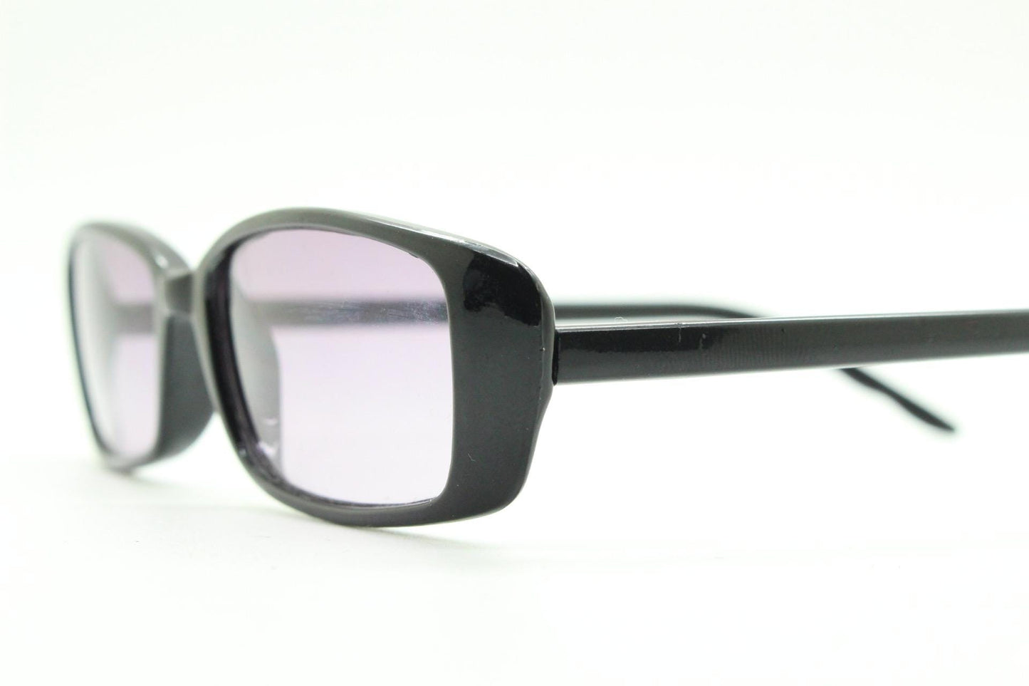 90s vintage rectangular sunglasses. Slim low profile black gloss frame with light tone purple lenses. Y2K 2000s. BNWT Unused NOS