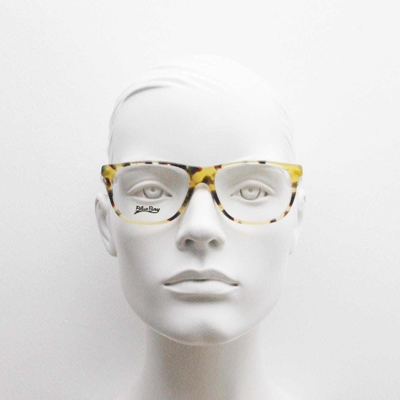 Blue Bay 90s vintage wayfarer design eye glasses made in Italy. Classic rectangular optical frame in honey tortoise. Prescription RX. NOS