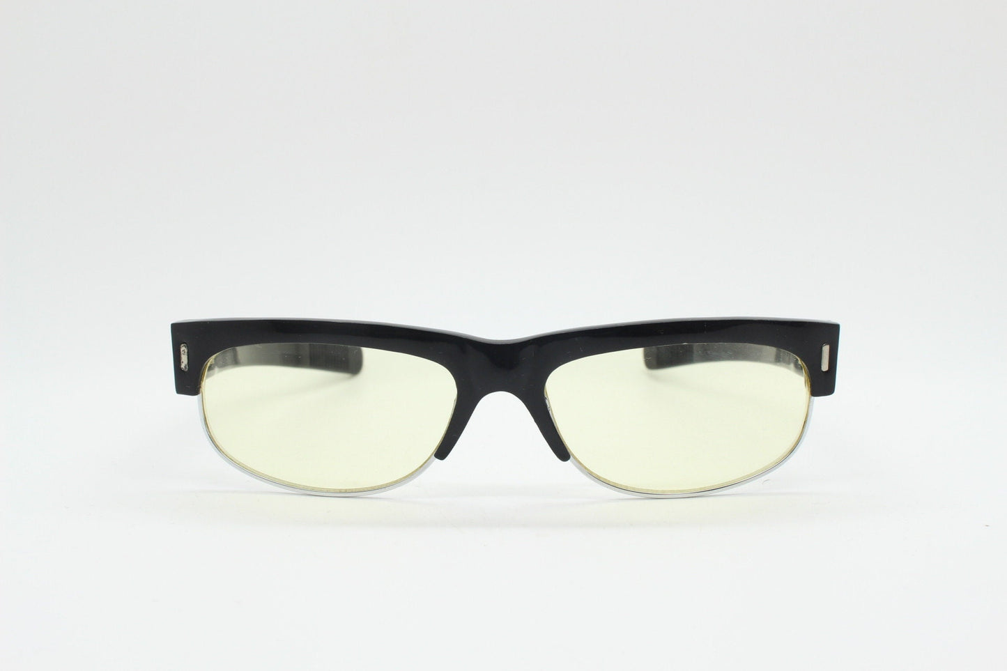 90s vintage half frame glasses. Black gloss low profile flat top design with straight arms and clear lenses. Unused NOS