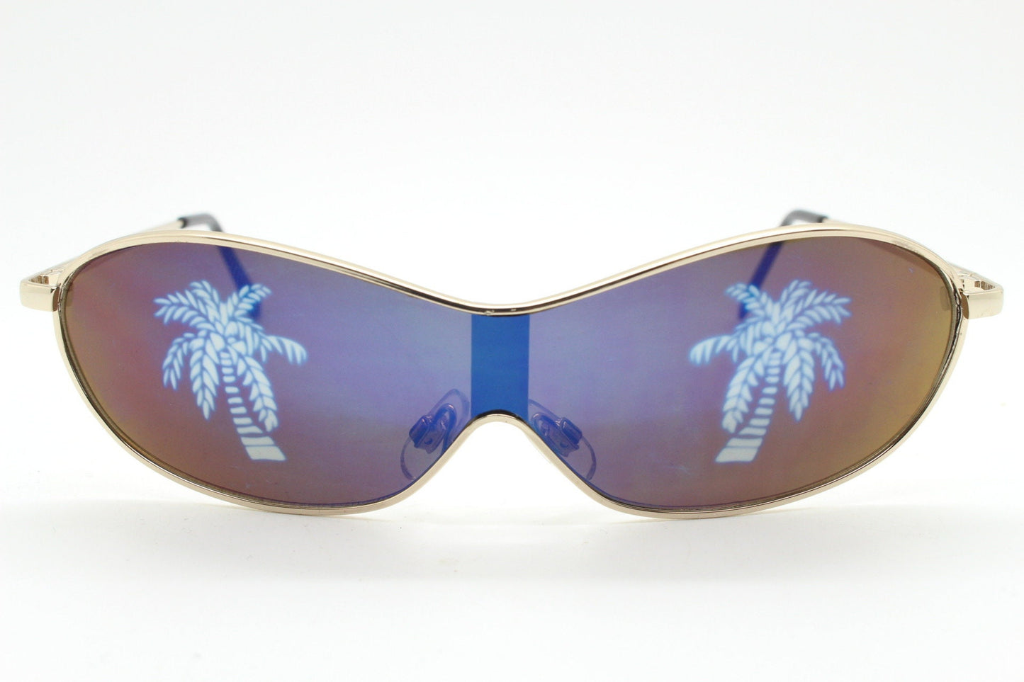 Party monster Y2K vintage visor sunglasses. Wraparound mono lens mini mask shield design with mind melting palm tree print. Unused NOS