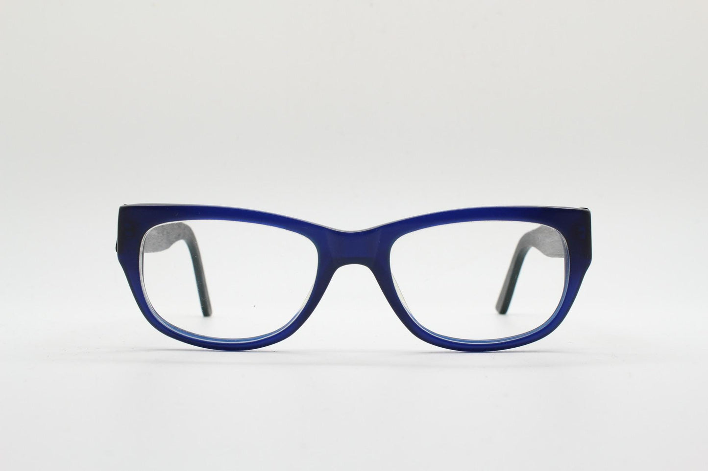 Chunky frame modified cat eye glasses. Superior quality optical eyeglasses. Deep blue front with wood look arms. Prescription RX Spectacles