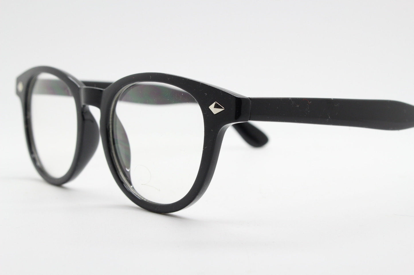 90s vintage modified wayfarer design glasses. Black gloss 40s, 50s shape optical frames with clear lenses. Prescription eyeglasses. NOS