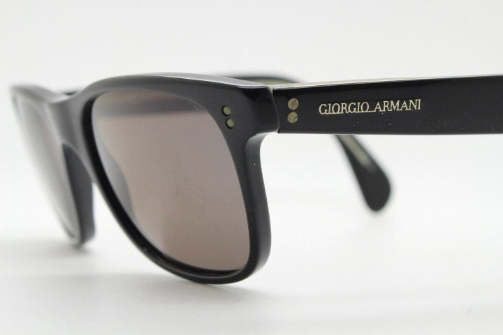 Giorgio Armani 90s vintage wayfarer design sunglasses made in Italy. All time classic in high grade plain black gloss acetate