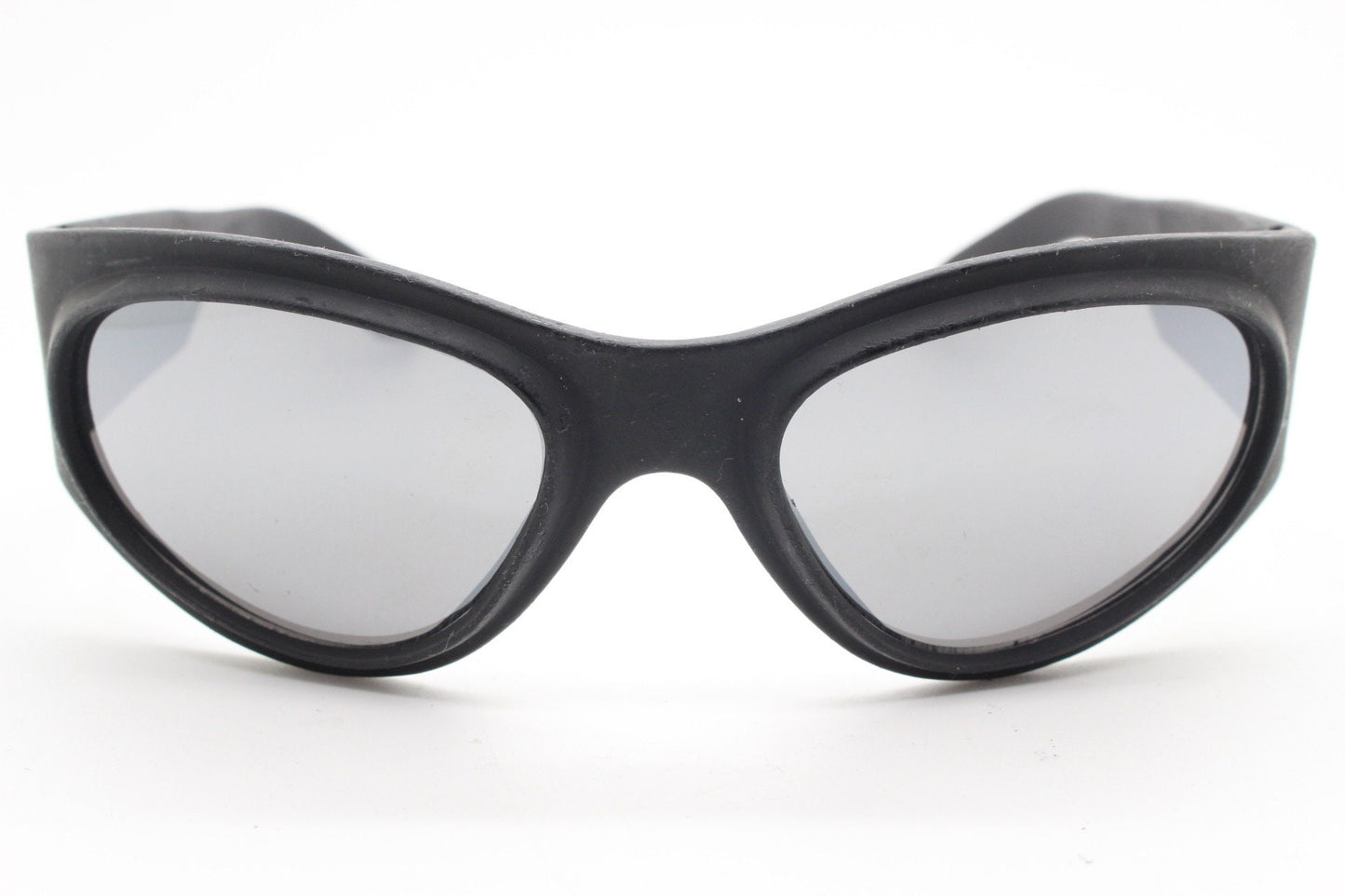 90s vintage futuristic super hero bug eye goggle sunglasses. Black rubber wrap around sporty shield frame with mirror lens. 2000s. Y2K. NOS