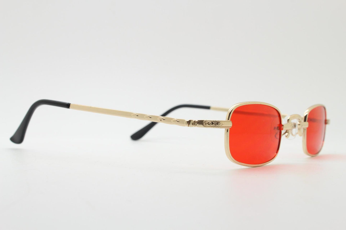 90s vintage small rectangular sunglasses. Imposing minimal gold metal victorian style frame with deep red lenses. Unused BNWT