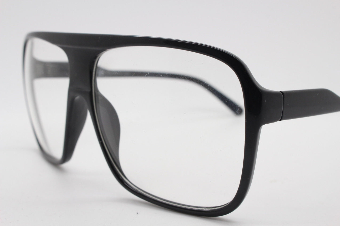 Y2K vintage square aviator glasses. 70s style black gloss optical frames. Mens aviators with clear lenses. Prescription eyeglasses. NOS