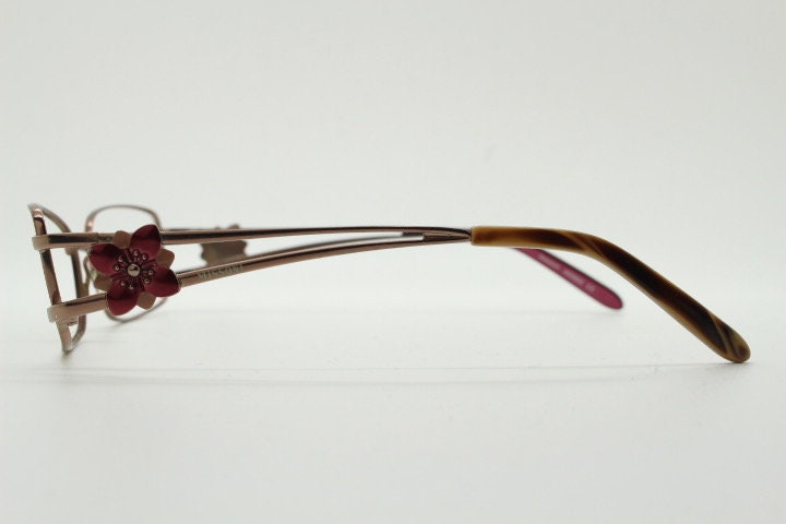 Missoni rectangular low profile eye glasses. Brown chrome optical frames with flower detail. Prescription eyeglasses. RX spectacles