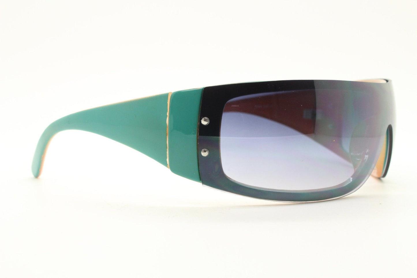 Y2K vintage visor sunglasses. Black massive mask mono lens wrap around shield with turquoise arms. Sick fashion grail. 2000s unused NOS