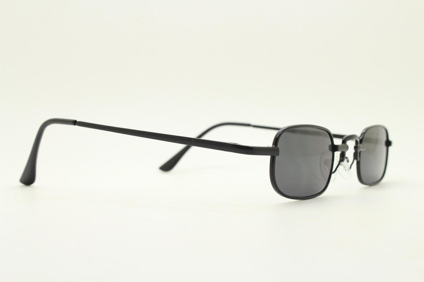 90s vintage small rectangular sunglasses. Imposing minimal all black gloss victorian style frame with dark lenses. Steampunk. Unused NOS