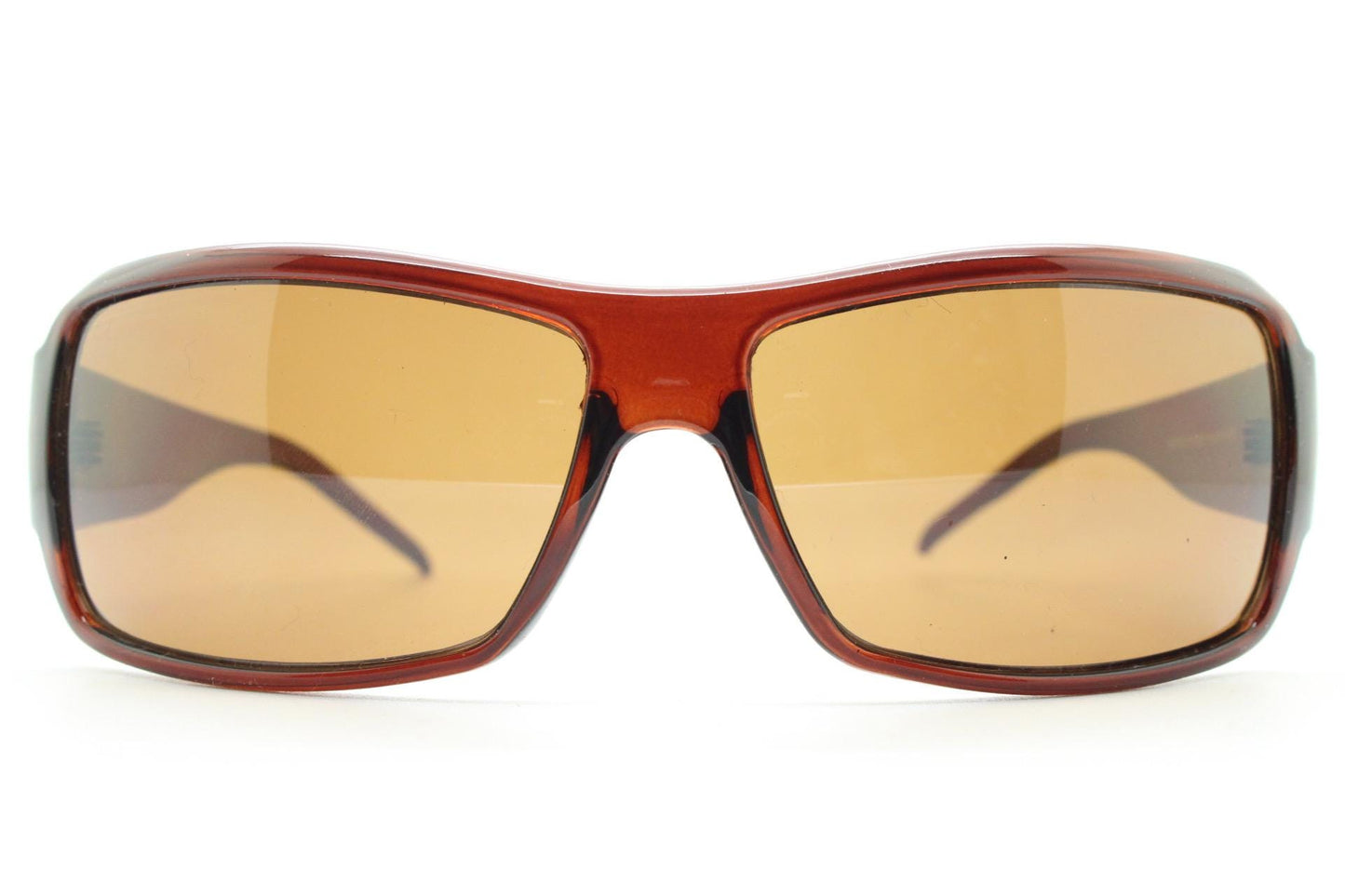Y2K vintage visor sunglasses. Transparent brown wrap around shield with curved lenses and big X crest. 2000s biker bug eye. NOS
