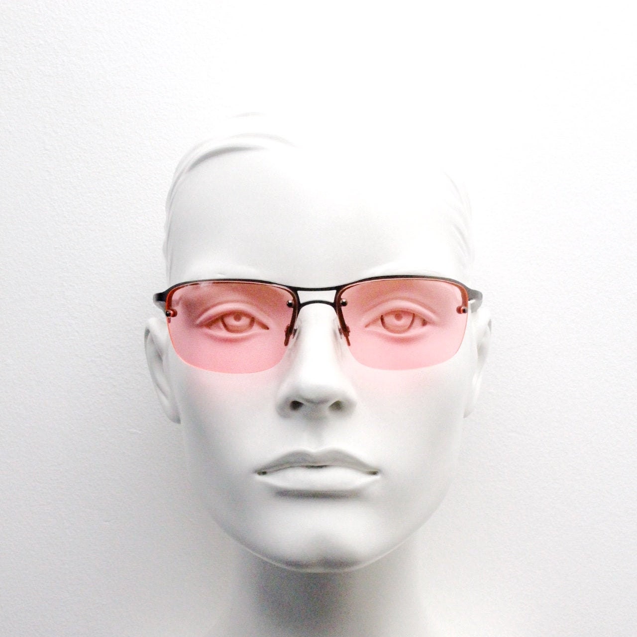 Y2K vintage half frame visor sunglasses. Semi rimless 2000's vivd pink lens on a gunmetal brow with frosted arms. Unused 00's NOS