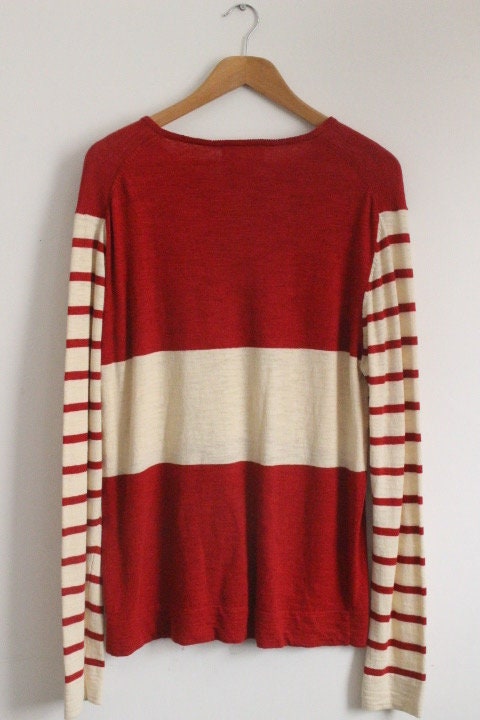 YMC vintage knit jumper in red and white stripes. Mens 3 button round neck sweater. BNWT. Designer pullover. One off NOS sample. Breton