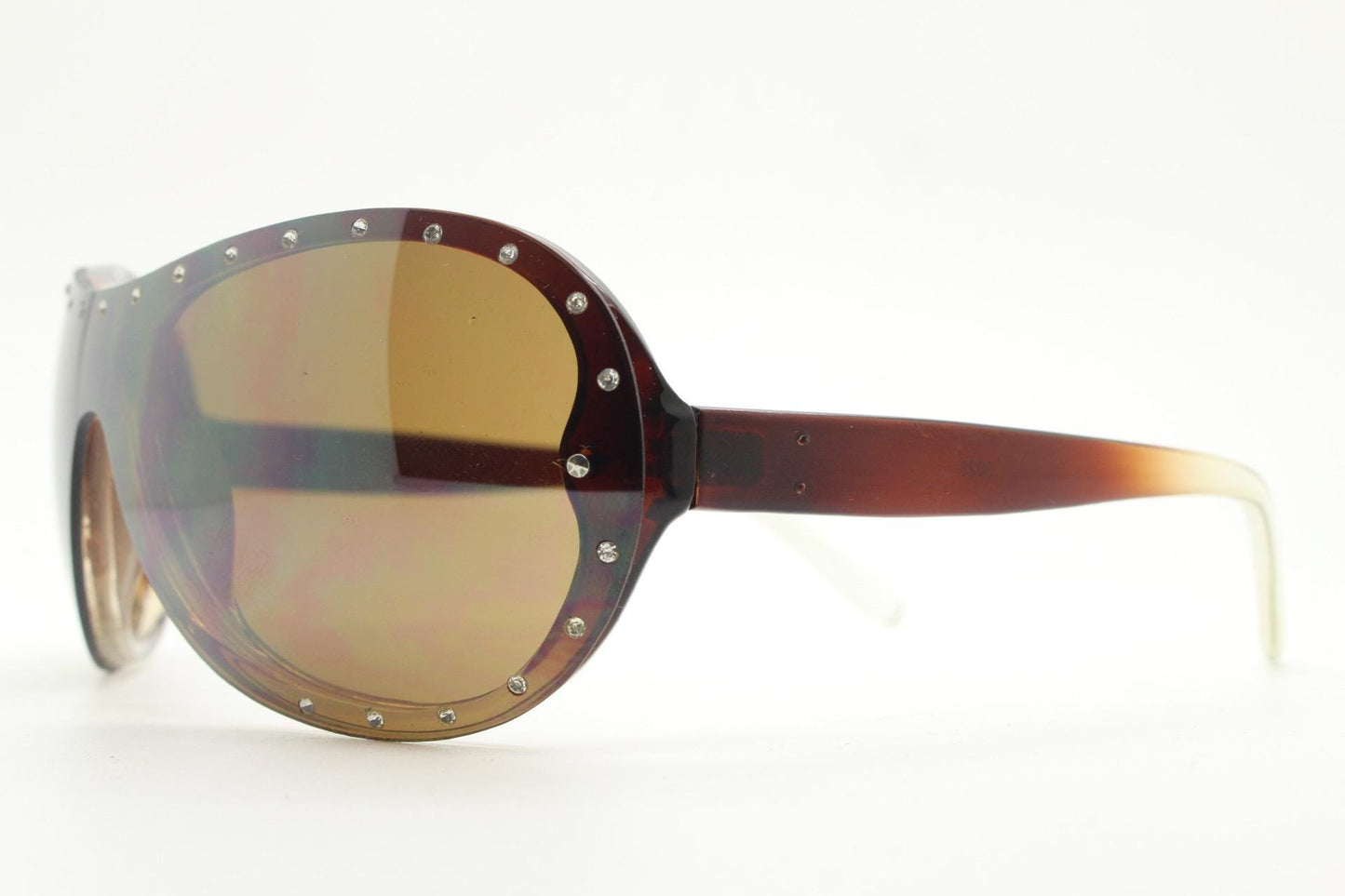 Y2K vintage visor aviator sunglasses with diamante. Brown wrap around mini mask shield design with curved mono lens. 2000s NOS. Rhinestone