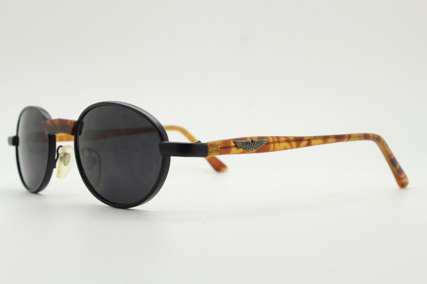 90s oval vintage metal sunglasses. Classic 1990s features of minimal satin finish solid frame with matt tortoise arms. Steampunk. Unused NOS