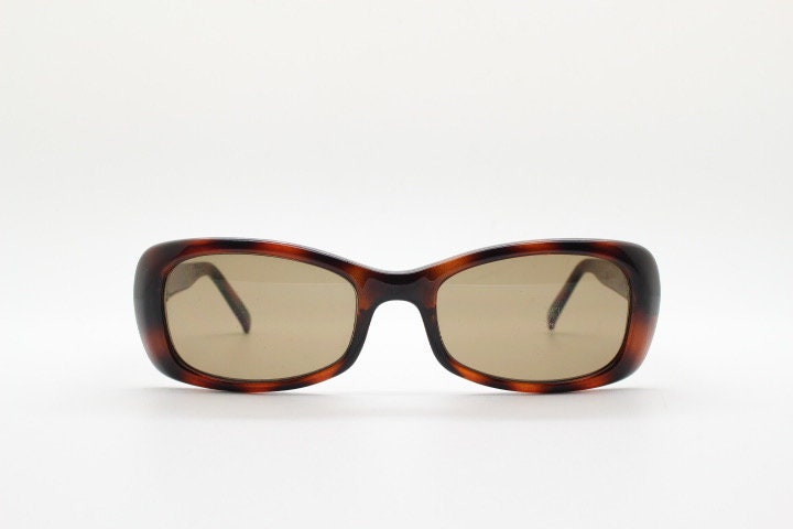 Calvin Klein 90s vintage thick framed rectangular sunglasses. Womens dark tortoise gloss low profile design.
