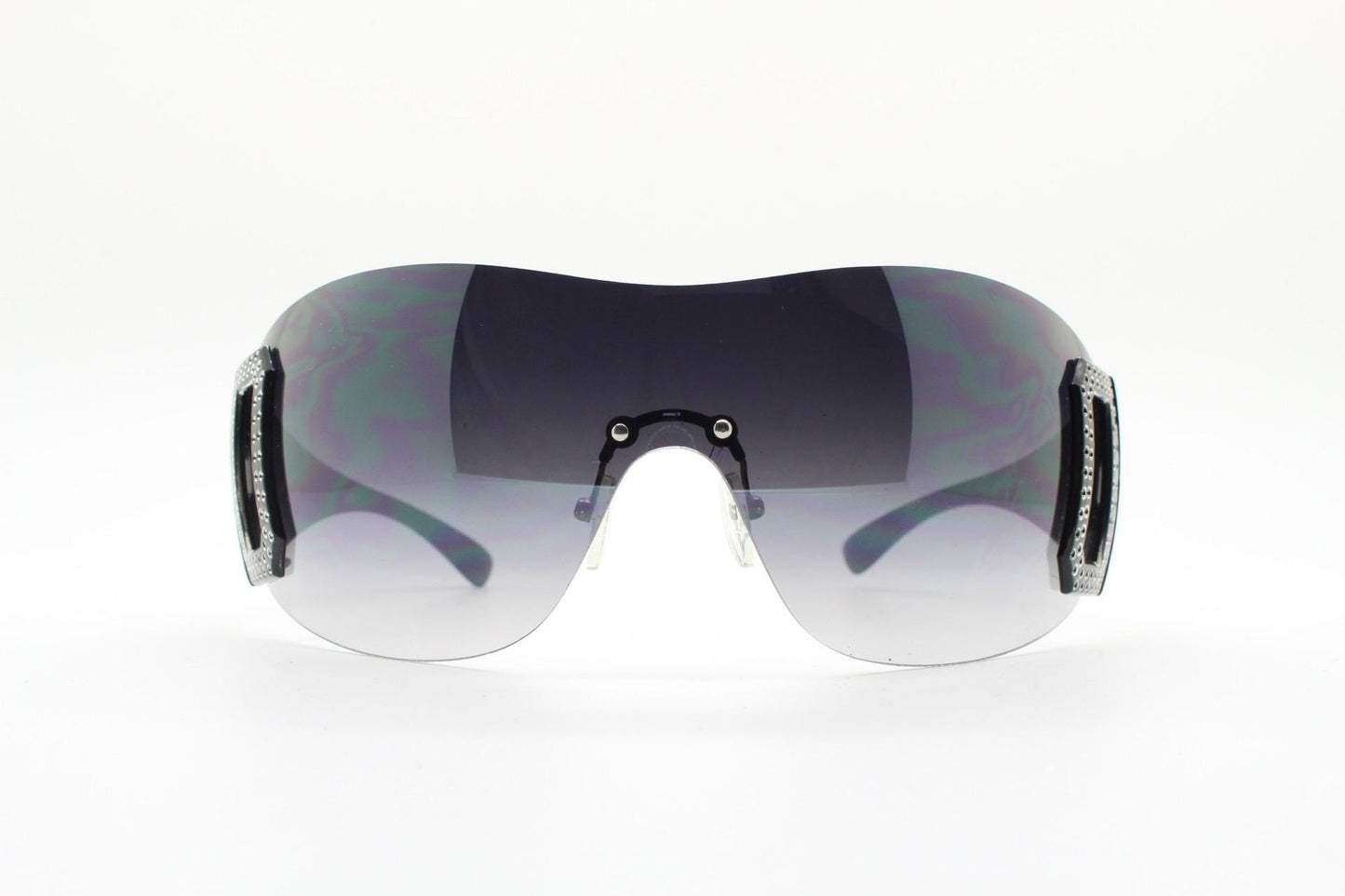 Y2K vintage visor sunglasses. 2000's black wraparound mono lens shield design with big diamante effect crest. 00s uber fashion mini mask NOS