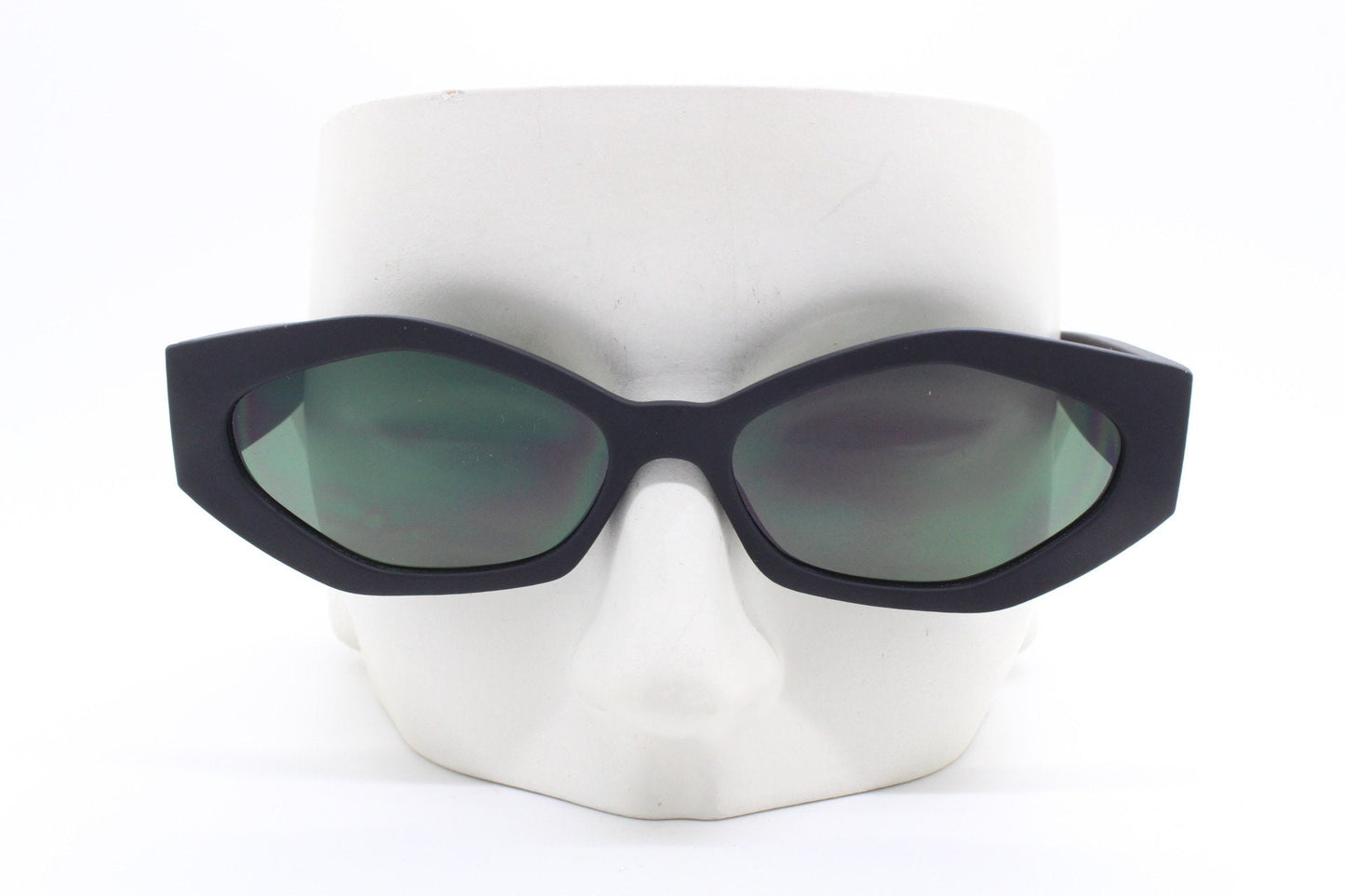 Vintage 90s low profile hexagon sunglasses. Jet black sharp angled 6 sided frame with full height arms in a matt rubber finish. Unused BNWT