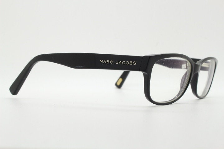 Marc Jacobs rectangular low profile eye glasses. Chunky plain black gloss acetate optical frames. Prescription eyeglasses. RX spectacles