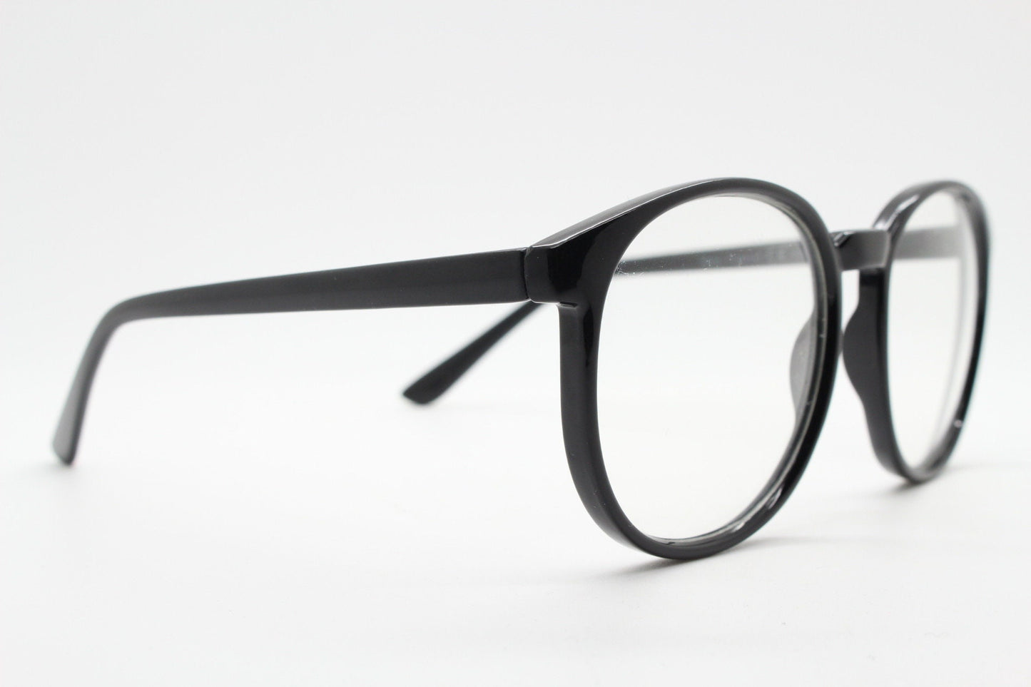 80s vintage black round glasses. Slightly oversized optical frames. Prescription eyeglasses with clear lens. RX spectacles