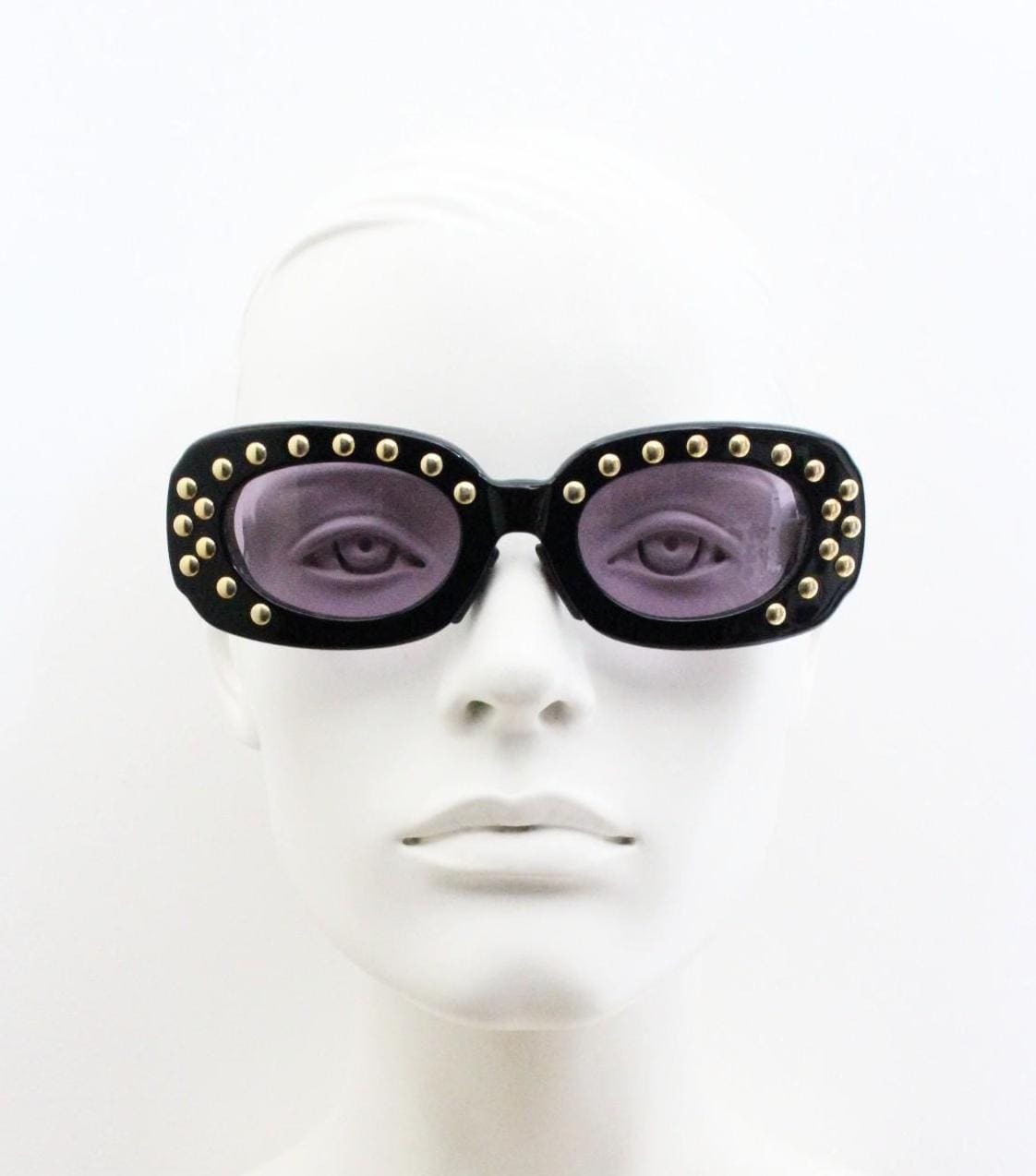 Lanvin vintage thick frame oval sunglasses with large golden dome studs. Womens 60s shape black acetate frame with atmospheric purple lenses