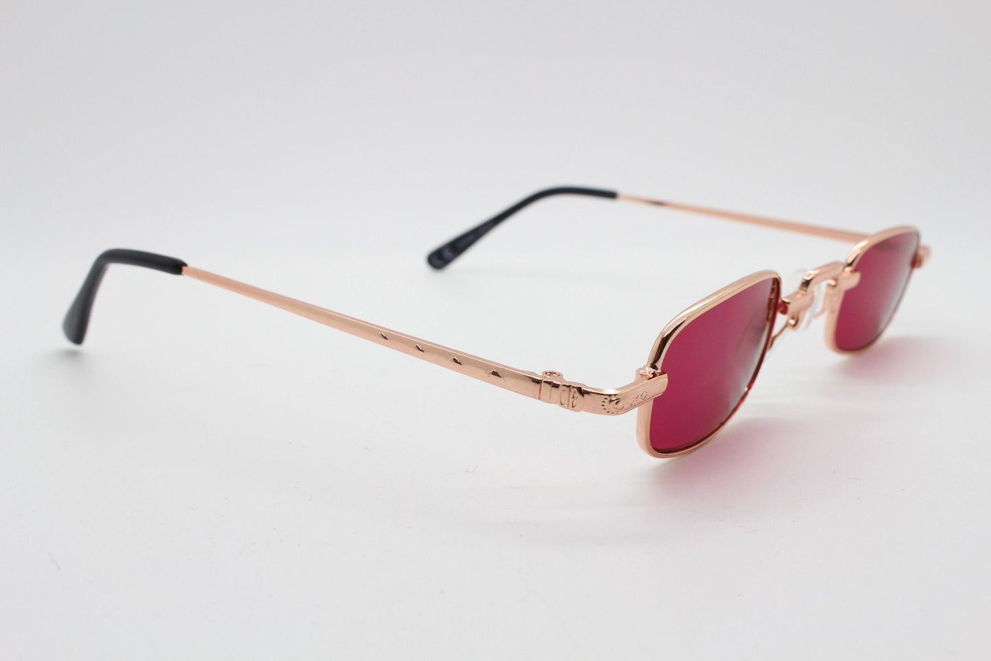 90s vintage small rectangular sunglasses. Imposing minimal gold metal victorian design frame with shocking pink lenses. Unused BNWT