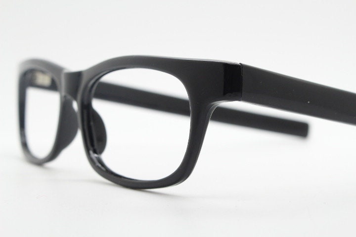90s vintage black eye glasses. 60s design low profile rectangular straight arm optical frames. Prescription eyeglasses. RX Spectacles. NOS