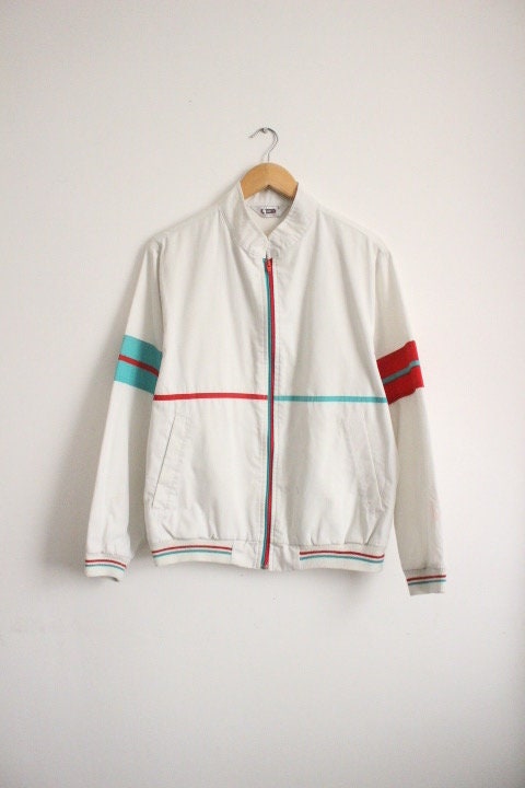 Gabicci Concept Design 80s vintage zip bomber jacket in white with green and red mirror image stripe details. Mens round neck. Cult casuals