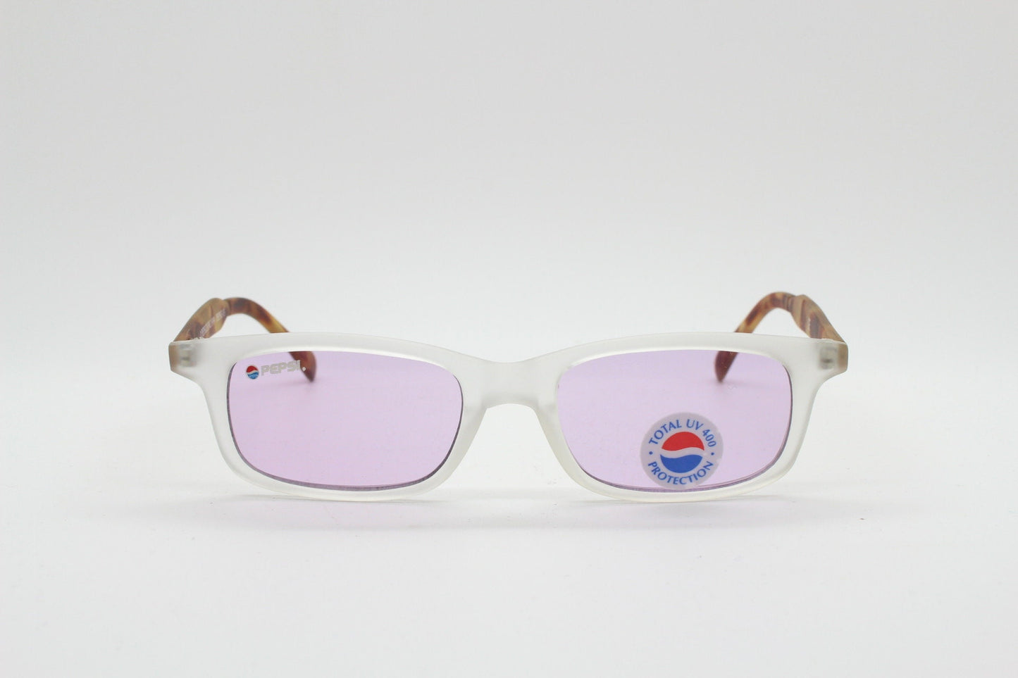 Pepsi 90s vintage sunglasses. Low profile rectangular frosted frame with tortoise arms and extra light tone purple lenses. Unused NOS
