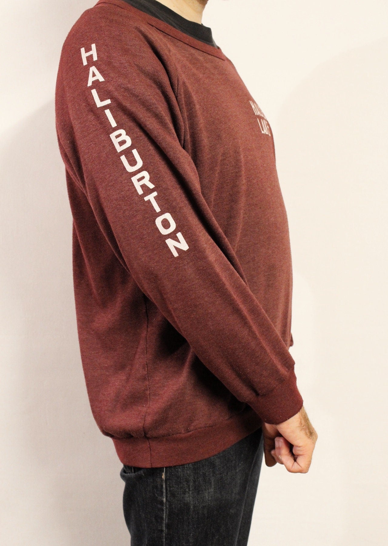 Plain wine oversized 'Haliburton Lake' sweatshirt. Mens burgundy crew neck pullover. Round neck mens jumper