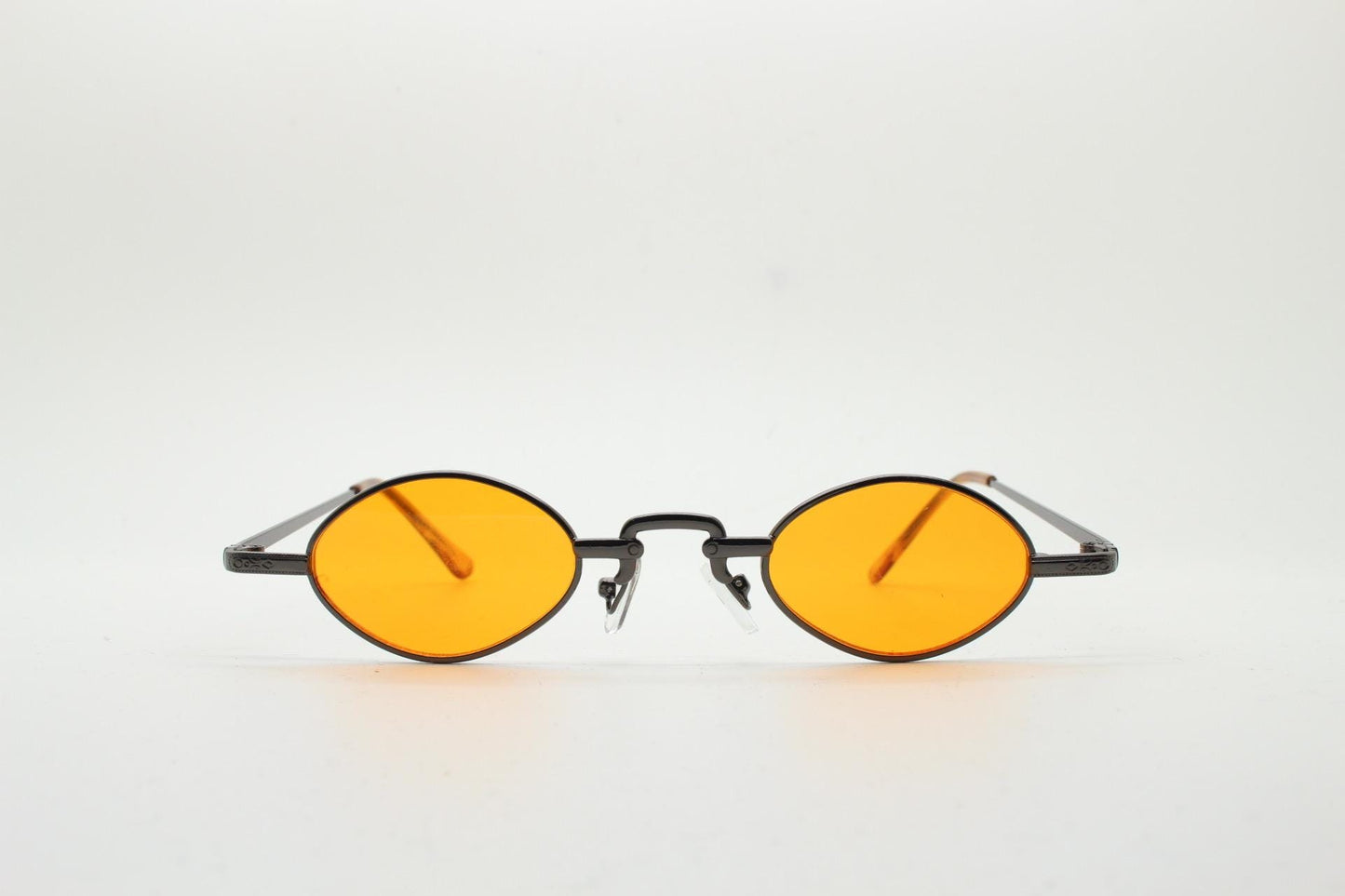90s vintage small oval sunglasses. Imposing minimal rose gold metal victorian style frame with blazing orange lenses. Steampunk. BNWT