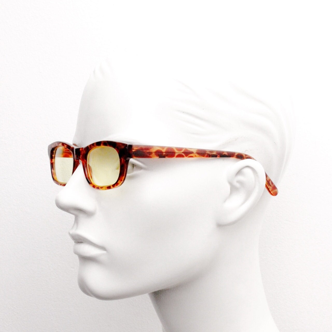 80s vintage rectangular sunglasses. Low profile 60s design tortoise frame with psychedelic light tone canary yellow lenses. BNWT Unused NOS