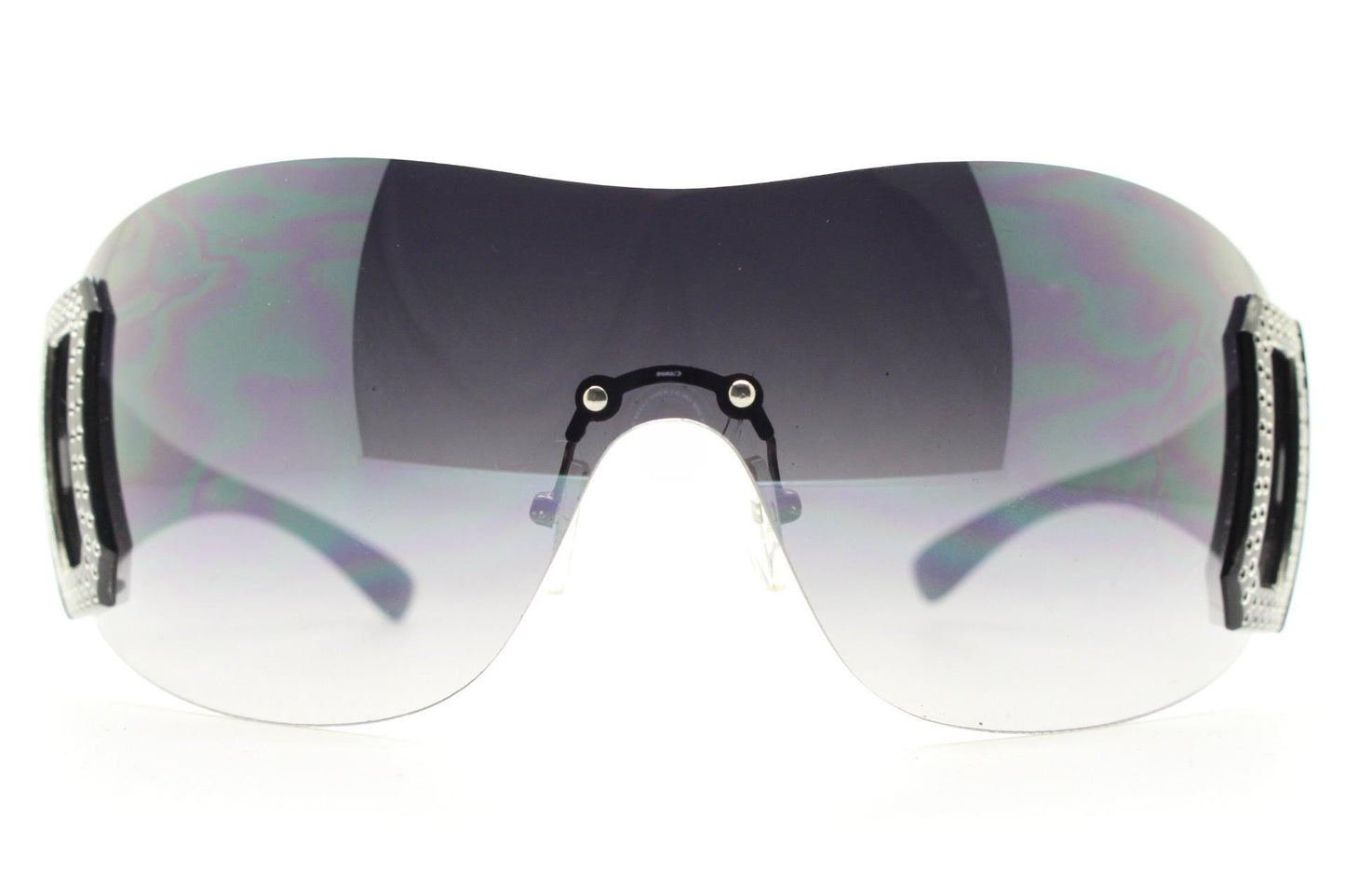 Y2K vintage visor sunglasses. 2000's black wraparound mono lens shield design with big diamante effect crest. 00s uber fashion mini mask NOS