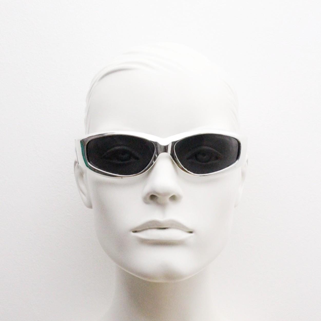 90s vintage visor sunglasses. Hyper real metallic silver superhero style mini mask sport shield with black lenses. Wrap around. NOS cosplay