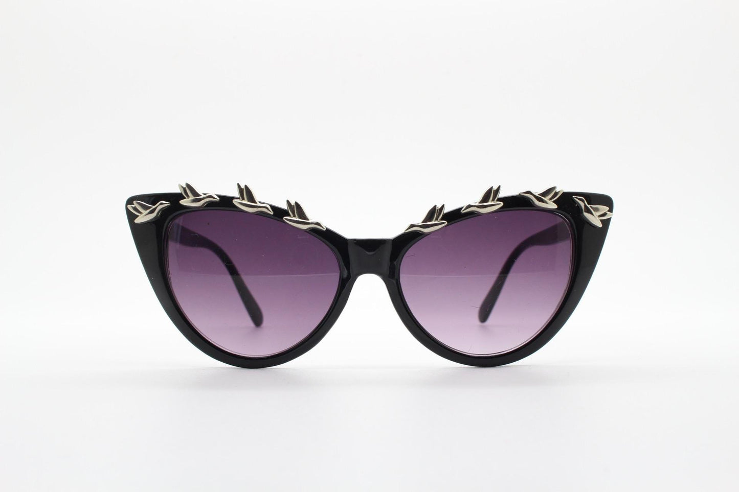 Vintage Y2K cat eye sunglasses. 2000s womens black gloss cateye with charming abstract metal flying birds brow. 50s style rockabilly. NOS