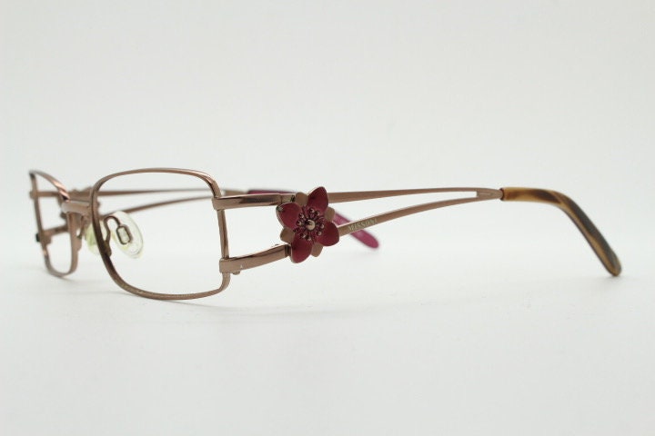Missoni rectangular low profile eye glasses. Brown chrome optical frames with flower detail. Prescription eyeglasses. RX spectacles