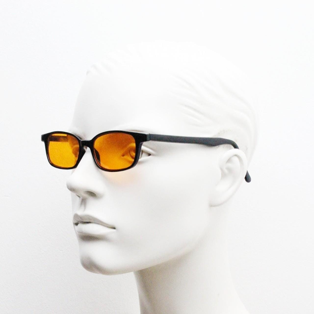 80s vintage rectangular sunglasses. Slim low profile plain black gloss frame with blazing orange lenses. Y2K 2000s. BNWT NOS