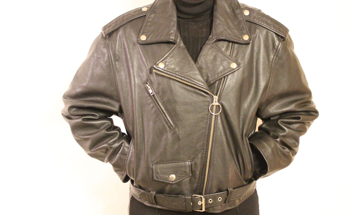 80s Vintage black motorcycle jacket with hand painted Frankenstein. Genuine leather biker with unique one off Boris Karloff design