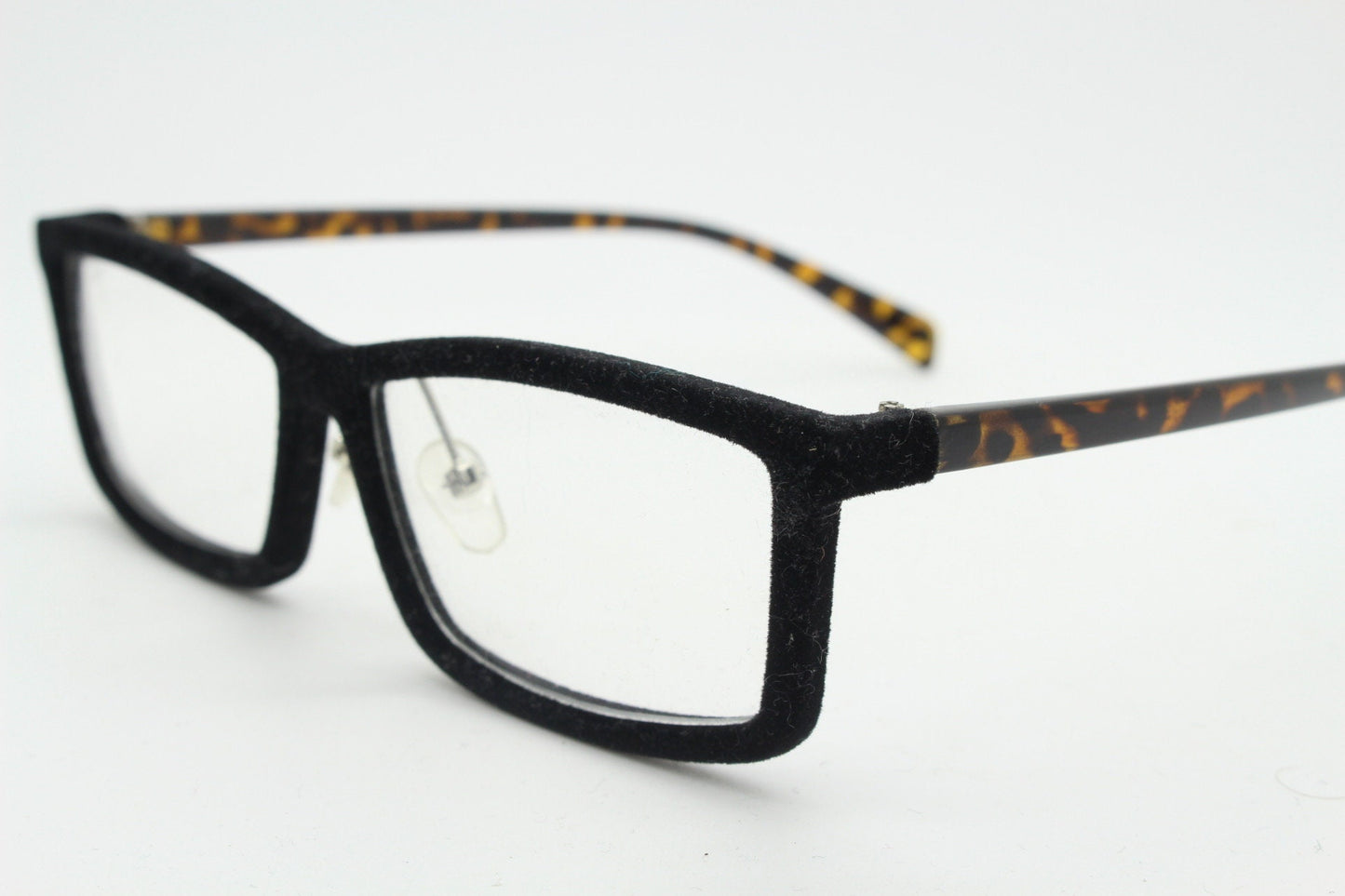 Y2K vintage black velvet glasses with tortoise arms. Stylised rectangular clear lens eyeglasses. NOS optical frames. RX spectacles