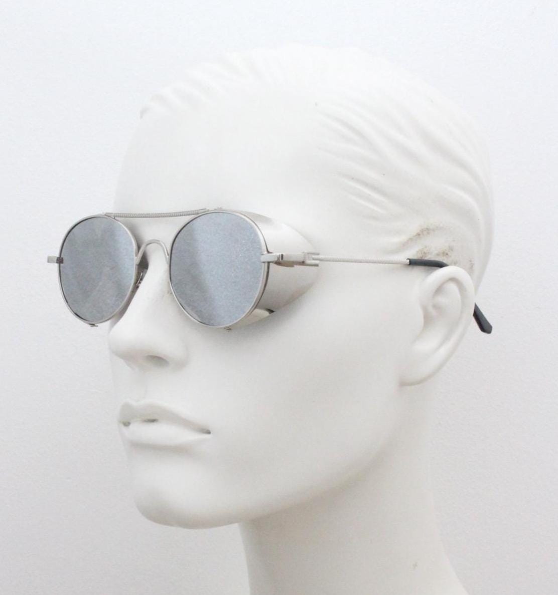 90s vintage round goggle sunglasses. All metal silver chrome frame with folding side blinkers. Spoilers. Steampunk. Cosplay. NOS