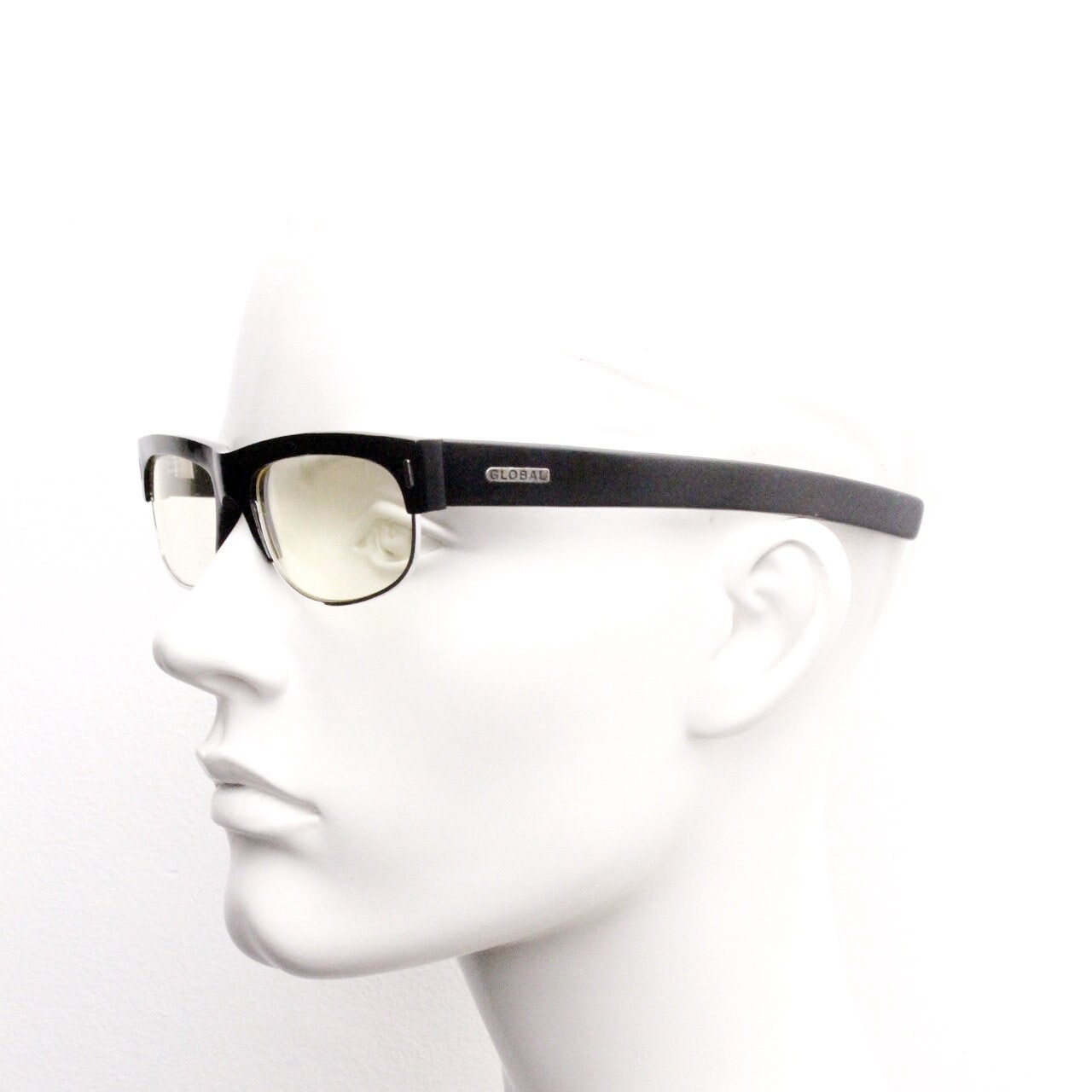 90s vintage half frame glasses. Black gloss low profile flat top design with straight arms and clear lenses. Unused NOS