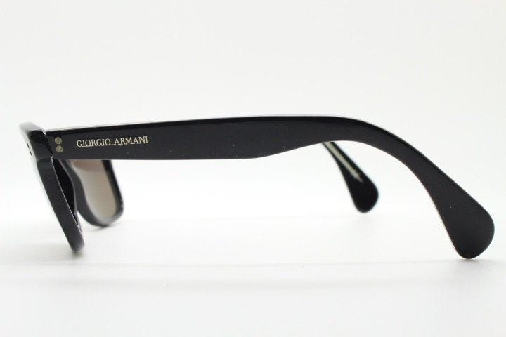 Giorgio Armani 90s vintage wayfarer design sunglasses made in Italy. All time classic in high grade plain black gloss acetate