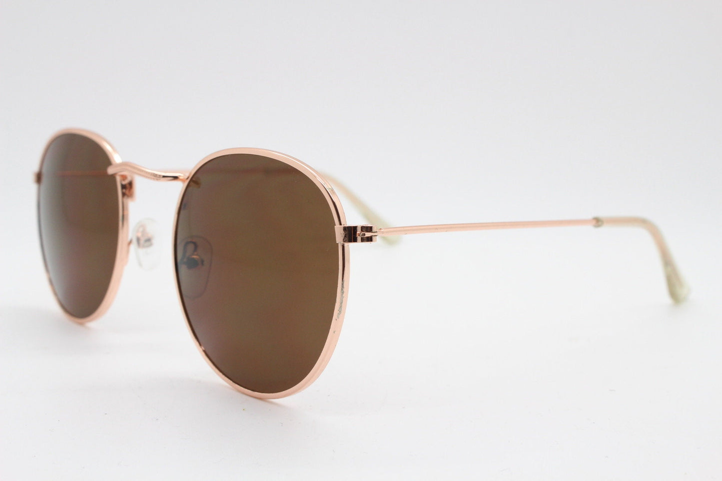 90s vintage round metal sunglasses, 60s style rose gold frame with brown lenses. NOS panto
